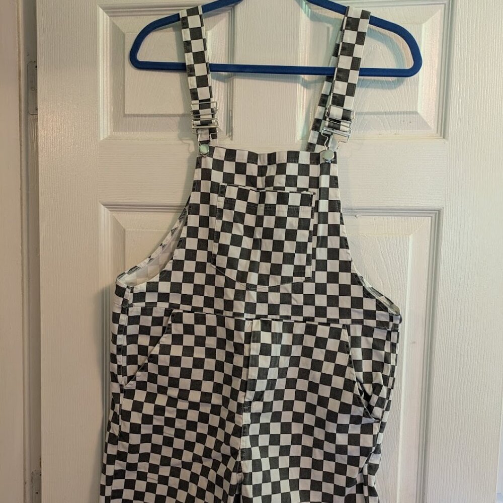 Women's White & Black Checkered Short Overalls Size XL